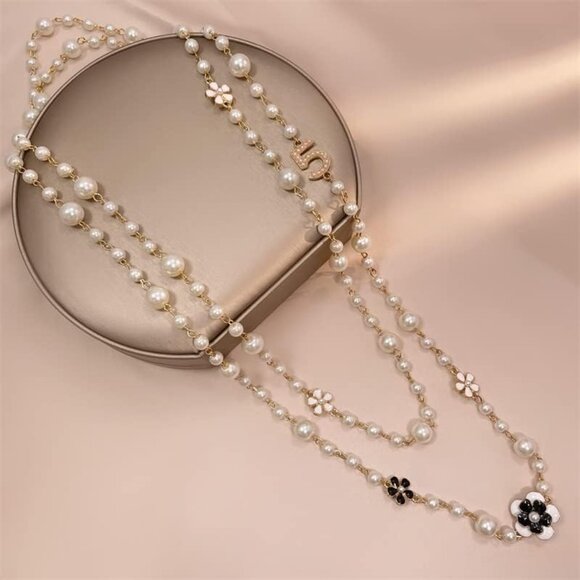 Imitation Pearl Necklace Chip Camellia Flower Number 5 Long Layered Jewelry - Picture 2 of 6